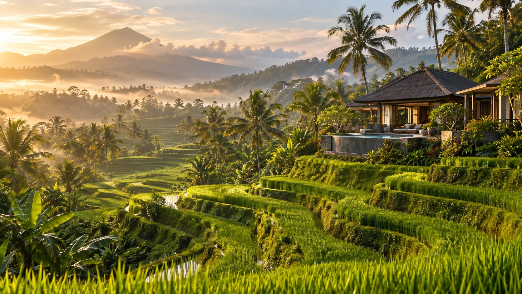 An illustrative tropical villa among green Bali rice terraces